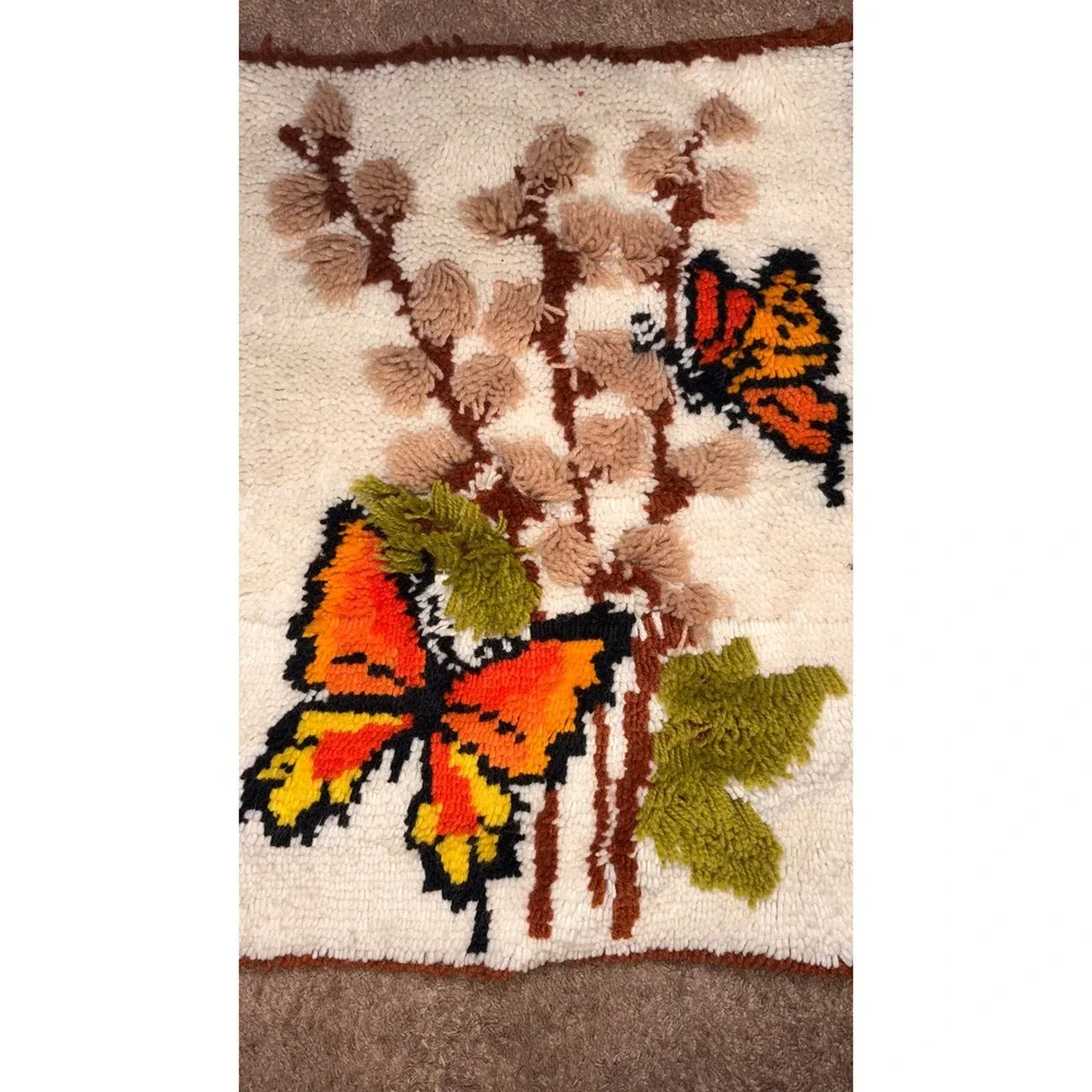 1970s Butterfly Latch Hook Wall Hanging Rug Retro Mid Century Fiber Art Tapestry